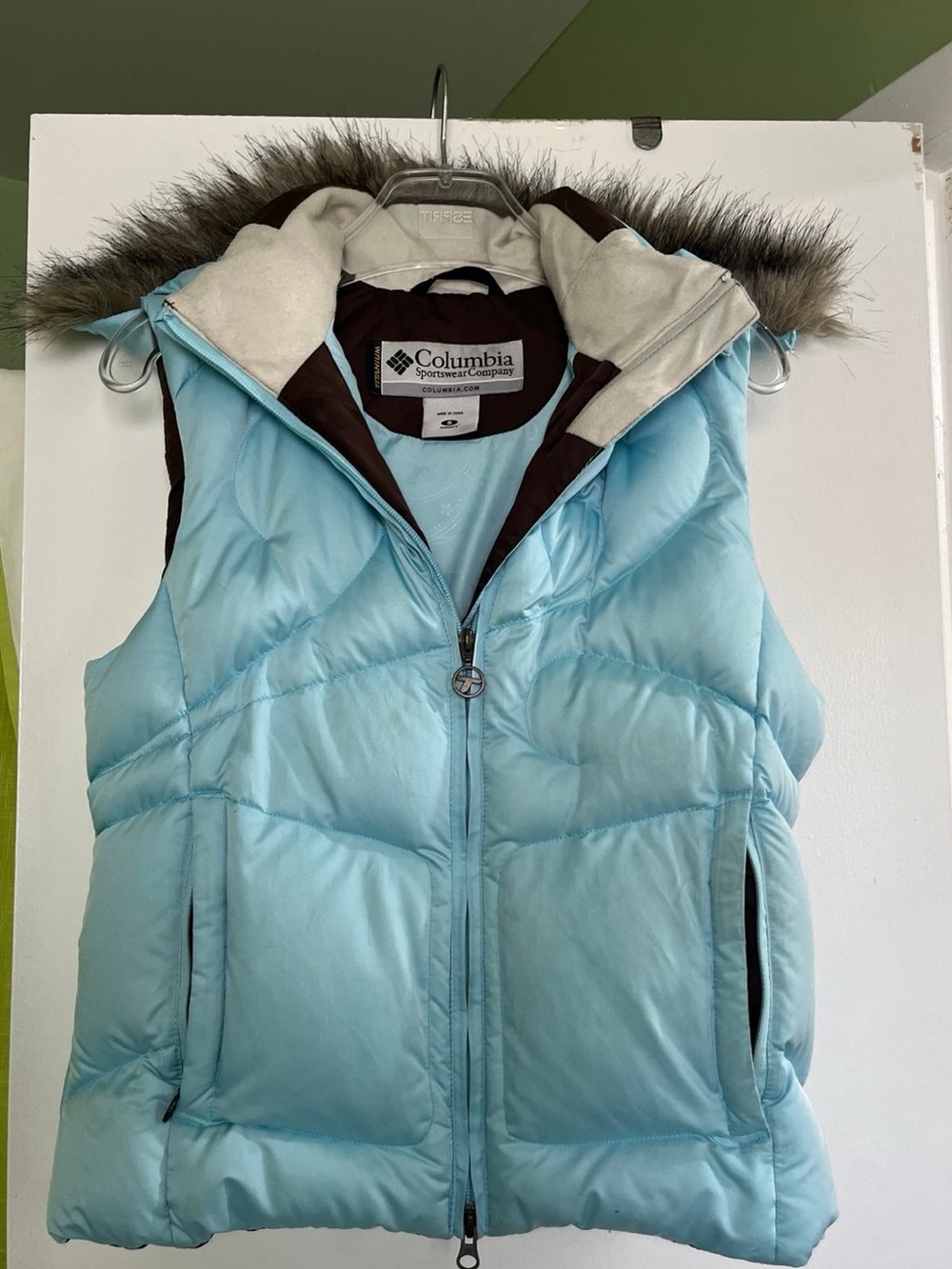 Columbia Light Blue Quilted Puffer Vest with Faux Fur-Trim Hood